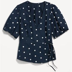 Blue and White Puff Sleeve Tie Front Blouse